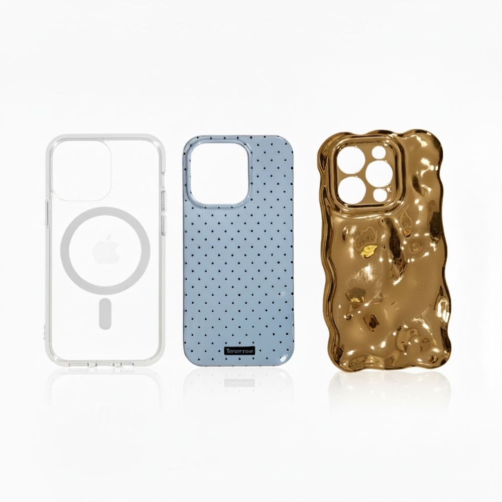iPhone 15 Pro Clear, Blue, and Gold case set